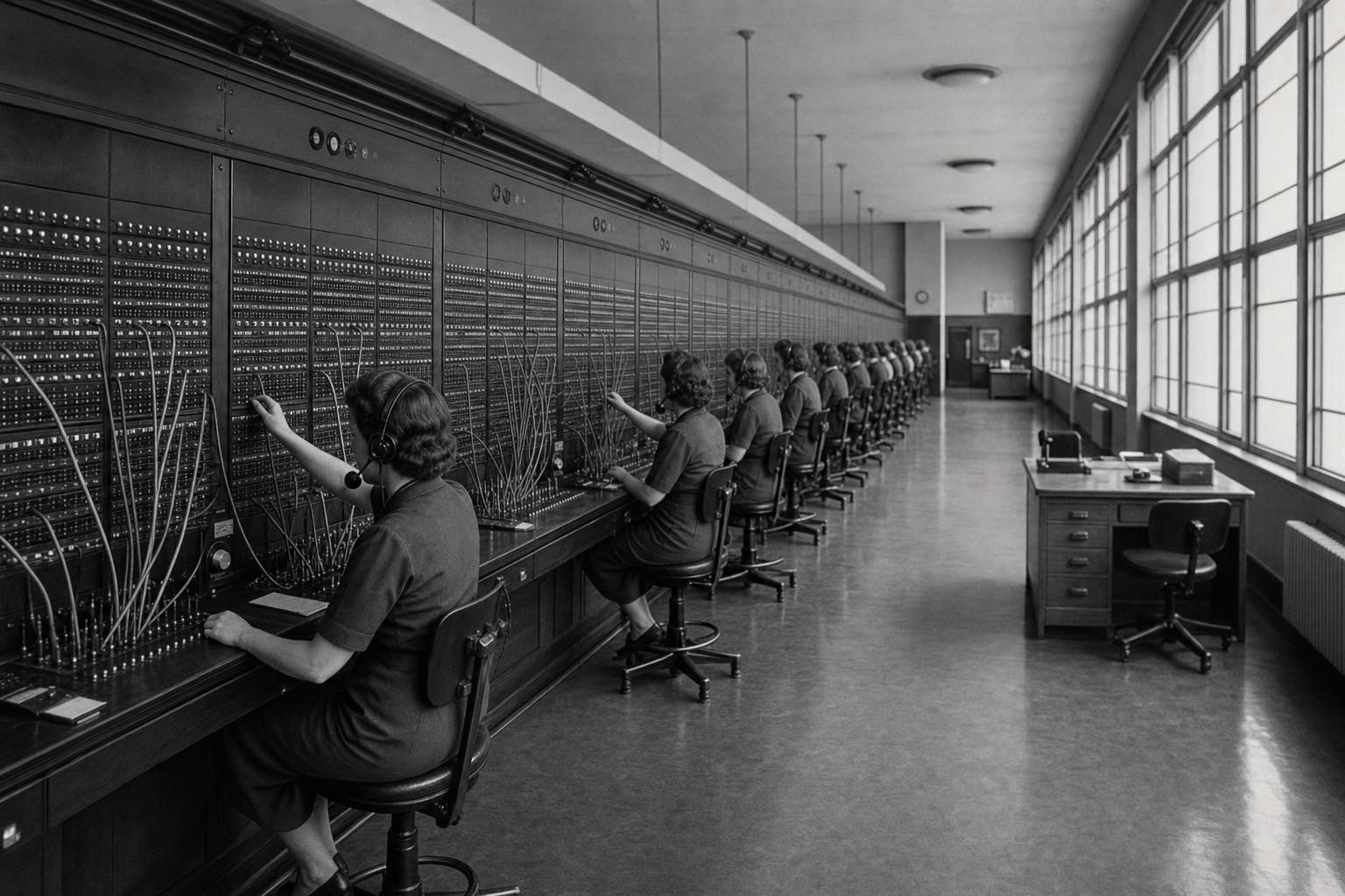 A 1950s telephone exchange hall with rows of switchboard operators